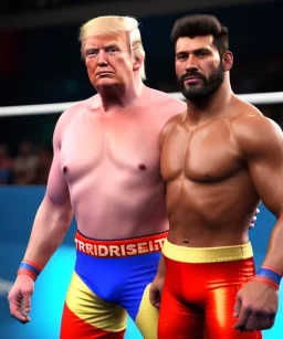 Realistic image of Donald trump wrestler, Mexican wrestling, glow makeup, red and blue breeches, suspenders, retro style, 80s, red, gold, vibrant color, highly detailed, clean background, concept art, unreal engine 5, god rays, ray tracing, RTX, lumen lighting, ultra detail, volumetric lighting, 3d, finely drawn, high definition, high resolution.