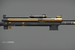 Goldmember rifle rail gun double cannon with bayonets munition belt Original concept design rendering with Blender, Substance painter, Photoshop, Marmoset toolbag 22.7k tris, 21.4k vertices, 4k textures. in a sci-fi armoury