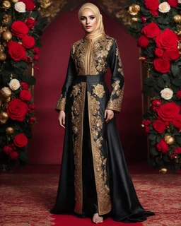 Full length Luxury potrait of a beautiful super model hijab beauty makeup cosmetic,she wearing islamic a luxurious details pattern color gold and black casual jacket with designed large flower details that resemble roses.The dress has an asymmetrical design with one sleeve and a flowing skirt.background of the image shows a red carpet event with floral decorations,close-up portrait