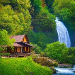 a house with trees and waterfall