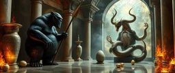 master oil painting by Escher and Giger, glaring vases and black humanoid reflective expressive long clunky obese elder troll spear bear and hidden magic aura golden eel djinni with beard inside marble hall library, cryptic eggs, sacred geometry, fire fog and steam border, fire elemental creature, twisted dimensional portal for ice elemetals only