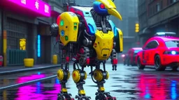 CHICKEN robot, sci-fi, cyberpunk, full body, ultra realistic, virtual reality, cyberpunk city and colors