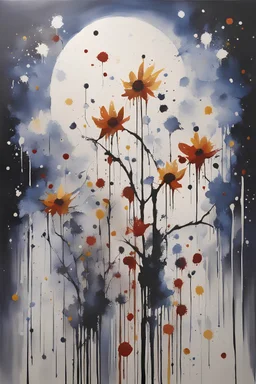 The night is dripping with flowers, acrylic painting, fine splatters, fantastic, dream like