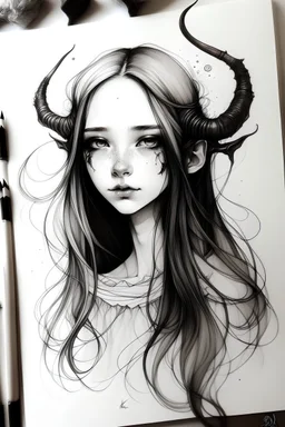He drew in ink a girl with no features, only her eyes were completely white, and she had long hair and long horns