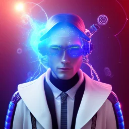 Cyber wizard using glasses with blue matrix backgroud