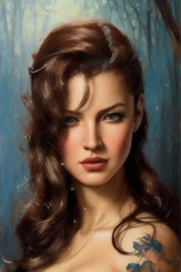 art by Ralph Horsley, masterpiece, portrait of a young eropean woman, aristocratic beautiful woman, beautiful face, perfect symmetric eyes, proportional face, waist-length, brown-haired, beautiful face. brown eyes, sparkling eyes, as realistic as possible, detailed portrait, watercolor sketch in the style of Marc Silvestri and Jody Bergsma, consistent approach, fine details, saturated paper, atmospheric, bright tones