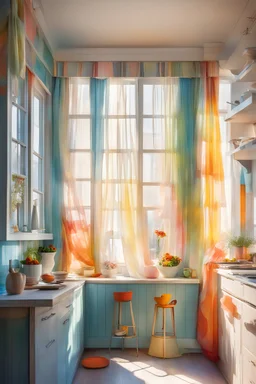 In the kitchen, whose walls are wide and full of color, a window with thin and transparent curtains lets in sunlight. The light that vibrates on the curtains like a sweet and calm melody and creates shadows that rotate in the air like beautiful and happy dancers.