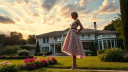 create full body lady ,short hair pretty dress standing pose pretty high heels ,midy dress,standing in front of a beautifull villa garden sun set sky with pretty clouds and godrays