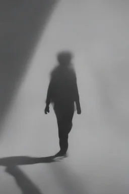 a distressing image of a person walking, shadow trailing them, but the shadow is psychotic
