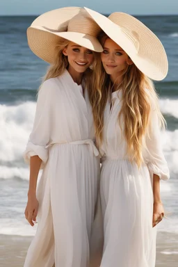 ((Mary-Kate and Ashley Olsen a warm hug)),Her laughter floats harmoniously with the sound of seagulls, infusing the air with a joyful melody. A vivacious energy radiates from her as she gracefully adjusts her oversized sun hat, casting a charming shadow on her sun-kissed face. The rhythmic crashing of waves seems to echo her carefree spirit.