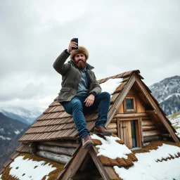 bearded man in a coon skin cap sitting on the roof of a rustic triangular shaped cottage holding a smart phone up over his head trying to get a signal, mountainous terrain, patchy snow on the ground and on the roof, cloudy day, photographic