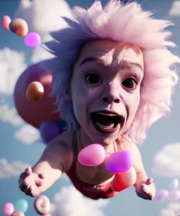 Ultra realistic speed clouds sky scene, wide angle view, sweet childs falling down, inflatable color clothing, free jumping flying, many trinkets, hair monster, many jelly beans, balls, color smoke, smile, happy, circus style, extreme, wind, clouds sea, 20,000 feet altitude, stratosphere, soft color, highly detailed, unreal engine 5, ray tracing, RTX, lumen lighting, ultra detail, volumetric lighting, 3d, finely drawn, high definition, high resolution.