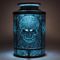 the tattooed killer lantern floats eerily, its glass exterior etched with intricate designs that seem to writhe and pulse with a life of their own. But what sets this lantern apart is the ghastly sight of a pulsating brain visible within, suspended in a macabre display of terror. The brain, tattooed with cryptic symbols and nightmarish images, throbs with a sickening rhythm, its presence both mesmerizing and disturbing. Each convulsion sends tendrils of light flickering through the lantern, cas