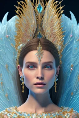 A portrait of a crystalline woman smiling, with wings, mythical,fantasy , magnificent, majestic, very happy, highly intricate, Realistic photography, incredibly detailed, ultra high resolution, 8k, complex 3d render, cinema 4d