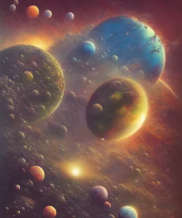 colorful planets. ink, poster, acrylic, beksinski