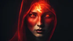 Generate an image of a woman's face half veiled in shadow, half illuminated by a fiery red glow, symbolizing the internal struggle between light and darkness, love and evil, within the human soul. super dark and gory