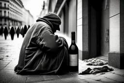 One single mature homeless penguin with worn out clothes, sitting in a corner on the street, wine bottle , Vienna, mourning, model style, hyper realistic, extremely accurate, delicate, extremely detailed, Graphic novel style, wide-angle, open aperture, superfine pencil