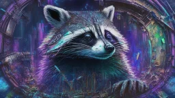 Graffiti trash panda; neo-surrealism dystopian eldritch elegant fantastical intricate hyperdetailed holographic magnificent meticulous mysterious ominous