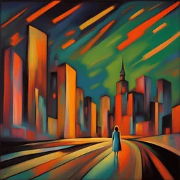 Neon lights, aurora borealis landscape, city scapes, orange and luminous, a single female figure in the distance painted large brushstrokes by Kandinsky