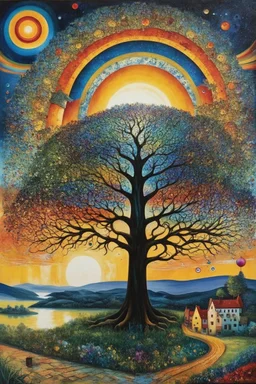 Tree of life; neo-surrealism; hundertwasser; Kandinsky; Golden Hour; Iridescent; Controversial; Supremely Detailed; Marvelous; Whimsical