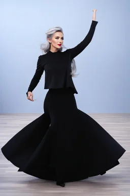 full body of very beautiful lady midi skirt and bluse , gray hair ,standing idle happy pose in studio pretty makeup