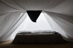 a silhouette in a bed, under the sheet, seen from the ceiling