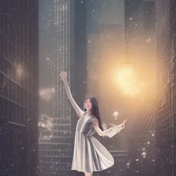 woman wearing a dress floating in the air outside a building balcony, scared, downtown snowy new york at night, dramatic, dramatic lighting, volumetric lighting, hyperrealism, 8k, high quality, photorealistic, lot of details