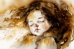 Small girl with long curly brown hair sleeping in god's hand (a big, clear hand) watercolor and ink, golden patina, glitters in ochre, backlit, mist and fog