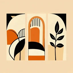 Create a triptych with three vertical panels featuring the design inspired by the ceramic vessel. Each panel should showcase a section of the abstract, artistic design with bold lines, curves, and geometric shapes. Include earthy tones such as beige, orange, and black to maintain the warm, rustic appearance. The panels should feature elements like the vertical black and white lines, arches, stripes, and the bold leaf-like motif, with variations in each panel to create visual interest. Place thes