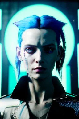 Cyberpunk portrait, pretty British woman:: symmetry photography, cyberpunk, blue long hair, face make-up, black line eye, light iris eye, :: kenzo fashion style, coat :: cinematic, Ultra realistic, dark scene, soft color, highly detailed, unreal engine 5, RTX, ultra detail, 3d, finely drawn, high definition.