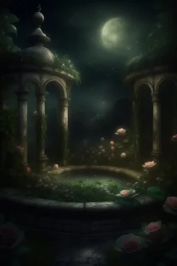 magical overgrown secret garden, roses, ivy, fountain, twilight, moon, stars dark tones, warm tones