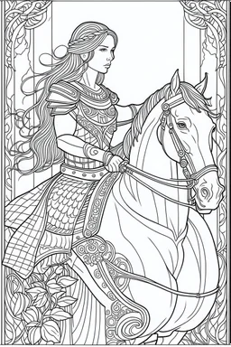 Fantasy coloring page, minimal detail. HD. Woman with knight