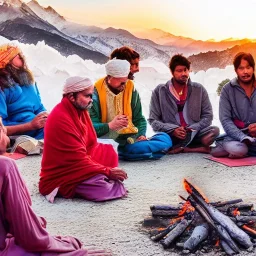 mystical indian guru teaching his group of disciple in adoration in himalaya, around a fire at sunset