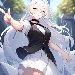 masterpiece, best quality, female, long white fluffy hair, hair between eyes, pointing, wearing a white shirt with a black collar, wearing a black vest, wearing a white skirts, {{{half body}}}