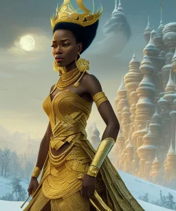 a fancy portrait of a snow african Queen by Greg Rutkowski, Sung Choi, Mitchell Mohrhauser, Maciej Kuciara, Johnson Ting, Maxim Verehin, Peter Konig, kente, 8k photorealistic, cinematic lighting, HD, high details, dramatic, atmosphereric, trending on artstation