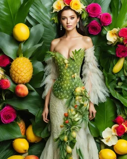 📷🍓💃 length image full body sweet pose pretty woman wearing a beautiful high details natural beuty color unique gown costume made of elements varieties tropical fruits pineapple,banana,full background green leaves and variaties roses,orchids flowers background