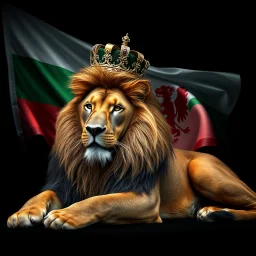 Create A hyper-realistic highly detailed image of a majestic lion lying down, wearing a royal crown. The lion's fur should be rich and textured, with a regal and powerful presence. Behind the lion, the flag of the Republic of Bulgaria waves gracefully, its white, green, and red colors vivid and well-defined. The background should be an elegant, deep black, creating a striking contrast that enhances the grandeur of the lion and the flag. The lighting should be dramatic, with