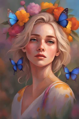 portrait of a young woman with a boy hair with a butterfly on her nose,She looks up ,colorful flowers in the background, by greg rutkowski, trending on artstation