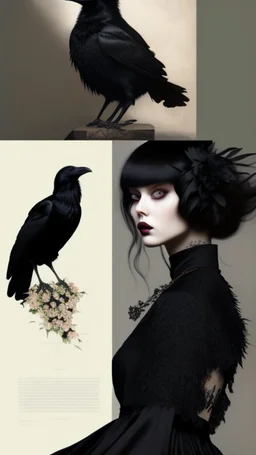 painting by koson ohara and marta bevacqua, portrait of a beautiful goth woman with black hair have a crow as a pet, wearing a black dress, 8k, high quality, highly detailed full body