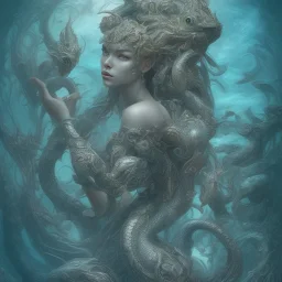 sango fantasy, fantasy magic, intricate, sharp focus, illustration, highly detailed, digital painting, concept art, matte, artgerm and paul lewin and kehinde wiley, masterpiece sexy lips Asian afro lips black African lady body mermaid turquoise Dragon head silver space lady sea under water mermaid pretty skull