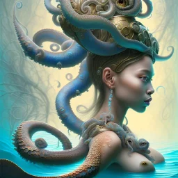 Sango fantasy, fantasy magic, intricate, sharp focus, illustration, highly detailed, digital painting, concept art, matte, art germ and Paul Lewin and Kehinde Wiley, masterpiece Japanese mermaid head bronze octopus' Asian African girl nice breast Thai hair turquoise silver blue under water