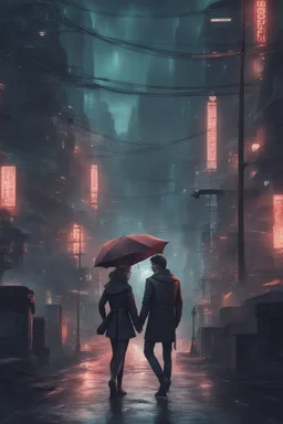 Science fiction, cyberpunk, city street, couple girl and guy, together, love at first sight, forbidden love, storm