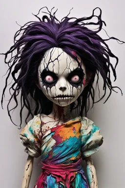 full color, illustration of a dark, menacing, monster girl, as a decayed, broken, crude homemade cloth doll toy, with a narrow cracked porcelain face, thick dark eyebrows, hair made from ragged strips of cloth, in the style of Brom, Alex Pardee, and Masahiro Ito, bold vibrant color