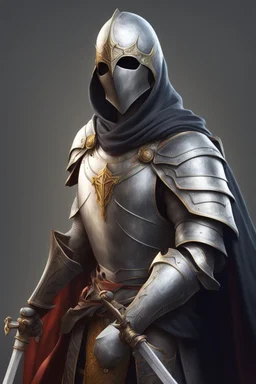 photorealistic holy knight paladin wearing a cape wielding a scythe and not wearing a helmet