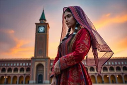 "A hyper-detailed digital painting of a young woman in traditional Azerbaijani folk costume standing in Tabriz Saat Square. She wears a floor-length crimson, gold, and sapphire embroidered dress with intricate embroidery, a translucent patterned ropush (scarf) draped over her head revealing braided hair with silver guppu (coins). The composition follows the rule of thirds, with the 19th-century clock tower framing her silhouette against a gradient sunset sky of tangerine and lavender. Ultra-deta