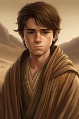 a 15 year old male, olive skin, medium length straight brown hair, innocent face, brown eyes, in a sand coloured robe, realistic epic fantasy style