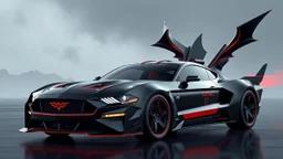 batmobile concept inspired from a 2025 ford mustang dark horse with a large elaborate spoiler and batman symbol style fins, batman symbol in grille, lower wind deflector. red stripes like 1960s adam west batmobile