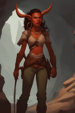 A DnD character. A female horned Tiefling ranger with pointy ears standing in a cave. The Tiefling has a little pterosaurs on her shoulder and a rapier in her hand.