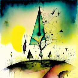 surreal color ink illustration, Style by Gabriel Pacheco and VS Gaitonde and Alexander Jansson and Vladimir Kush, abstract art, a metaphorical representation of the ephemeral triangular relationship of love rivalries, gestalt lunatic grass shine, warm colors, sinister, surreal masterpiece, dynamic diagonal layout composition, juxtaposition of the uncanny and the banal, sharp focus, weirdcore, never-before-seen