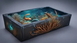 a box 10 cm long by 5 cm wide and 25 cm high, from subnautica drown on a box, sea animals, leviathan, dark colours